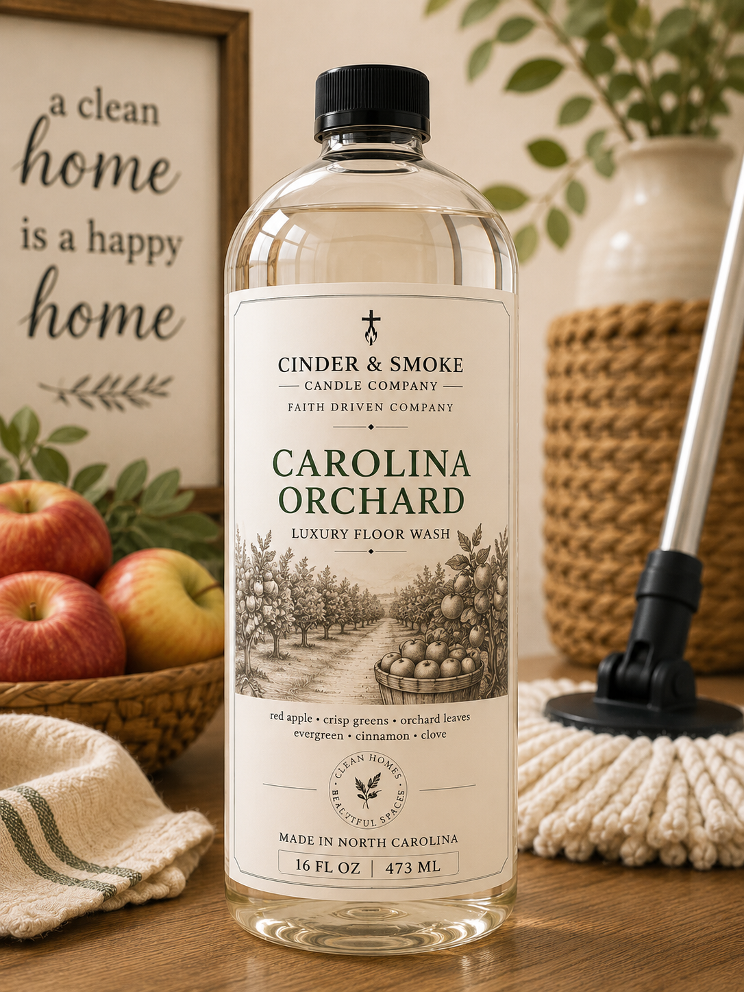Carolina Orchard Luxury Floor Wash | Apple & Evergreen Scented Mop Soap | Premium Floor Cleaner | Cinder & Smoke